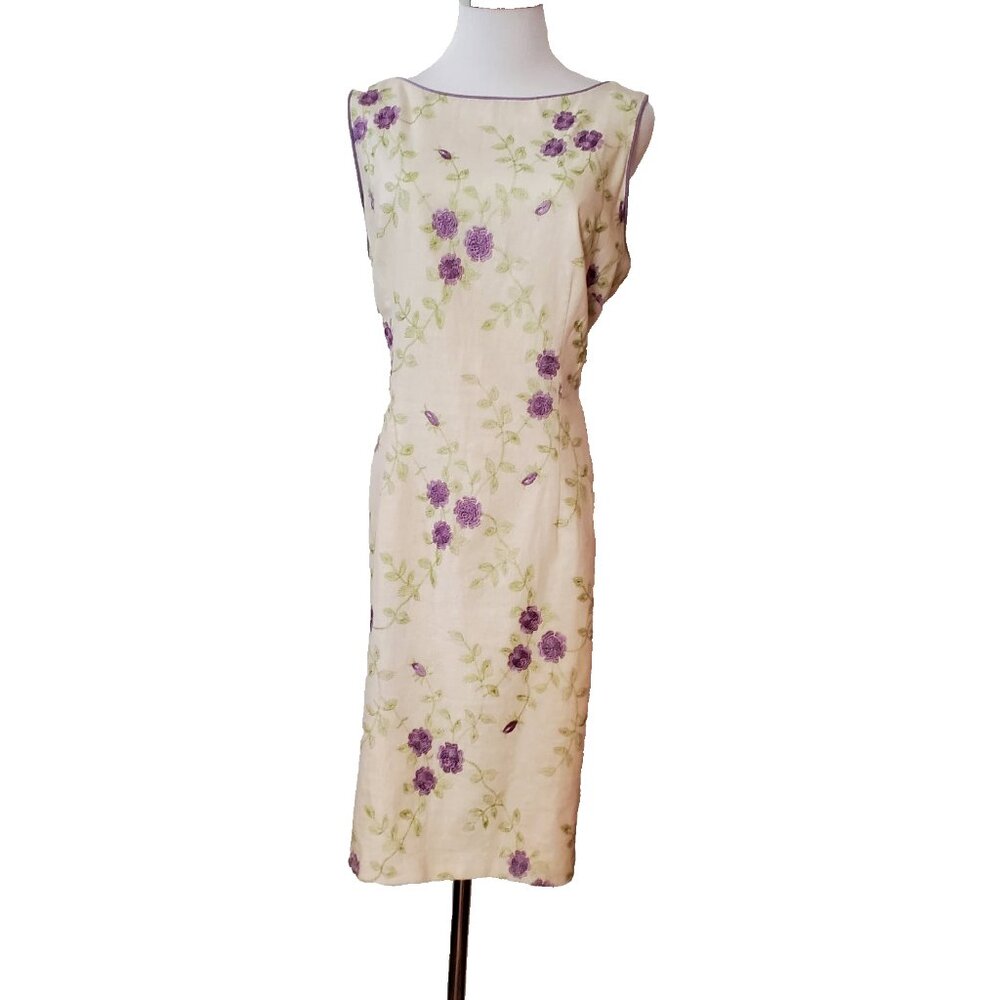 Sherri Martin Linen Blend Sheath Dress Sleeveless Ecru Lavender Green Embroidery
